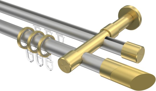 Rundrohr-Innenlauf Gardinenstange Aluminium / Metall 20 mm Ø 2-läufig PRESTIGE - Verano Silbergrau / Messing-Optik 100 cm