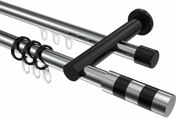 Rundrohr-Innenlauf Gardinenstange Aluminium / Metall 20 mm Ø 2-läufig PLATON - Mavell Chrom / Schwarz 280 cm (2 x 140 cm)