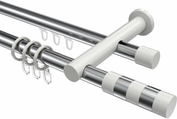 Rundrohr-Innenlauf Gardinenstange Aluminium / Metall 20 mm Ø 2-läufig PLATON - Mavell Chrom / Weiß 280 cm (2 x 140 cm)