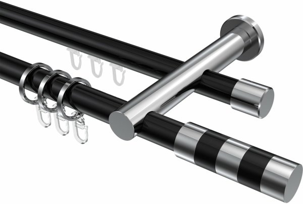 Rundrohr-Innenlauf Gardinenstange Aluminium / Metall 20 mm Ø 2-läufig PLATON - Mavell Schwarz / Chrom 320 cm (2 x 160 cm)