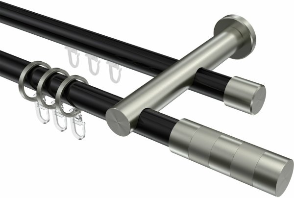 Rundrohr-Innenlauf Gardinenstange Aluminium / Metall 20 mm Ø 2-läufig PLATON - Mavell Schwarz / Edelstahl-Optik 220 cm