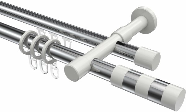 Rundrohr-Innenlauf Gardinenstange Aluminium / Metall 20 mm Ø 2-läufig PRESTIGE - Mavell Chrom / Weiß 200 cm