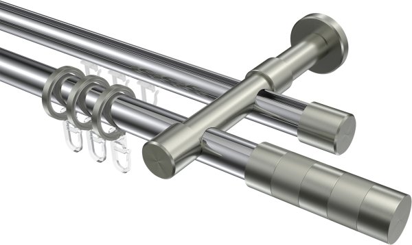 Rundrohr-Innenlauf Gardinenstange Aluminium / Metall 20 mm Ø 2-läufig PRESTIGE - Mavell Chrom / Edelstahl-Optik 100 cm