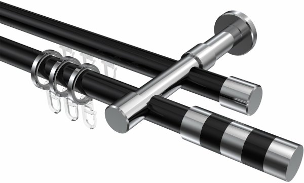 Rundrohr-Innenlauf Gardinenstange Aluminium / Metall 20 mm Ø 2-läufig PRESTIGE - Mavell Schwarz / Chrom 320 cm (2 x 160 cm)