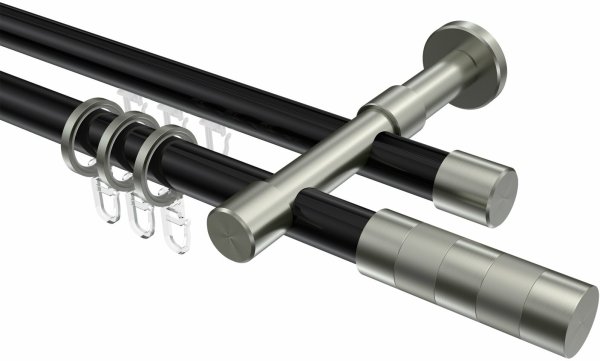 Rundrohr-Innenlauf Gardinenstange Aluminium / Metall 20 mm Ø 2-läufig PRESTIGE - Mavell Schwarz / Edelstahl-Optik 180 cm