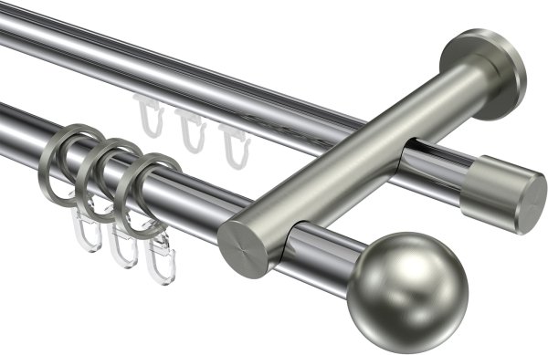 Rundrohr-Innenlauf Gardinenstange Aluminium / Metall 20 mm Ø 2-läufig PLATON - Luino Chrom / Edelstahl-Optik 100 cm