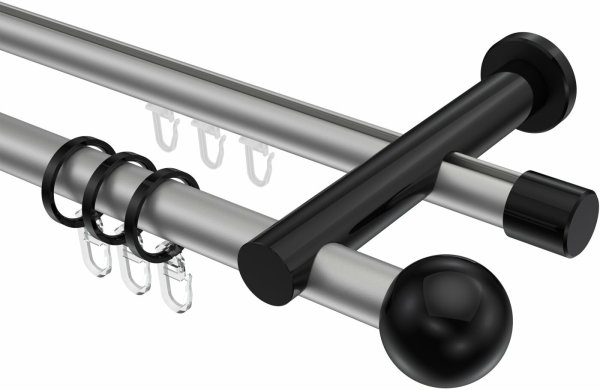 Rundrohr-Innenlauf Gardinenstange Aluminium / Metall 20 mm Ø 2-läufig PLATON - Luino Silbergrau / Schwarz 100 cm