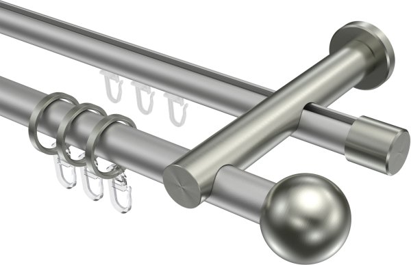 Rundrohr-Innenlauf Gardinenstange Aluminium / Metall 20 mm Ø 2-läufig PLATON - Luino Silbergrau / Edelstahl-Optik 100 cm