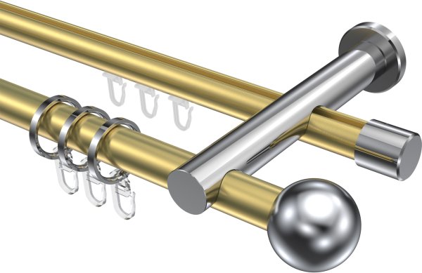 Rundrohr-Innenlauf Gardinenstange Aluminium / Metall 20 mm Ø 2-läufig PLATON - Luino Messing-Optik / Chrom 100 cm