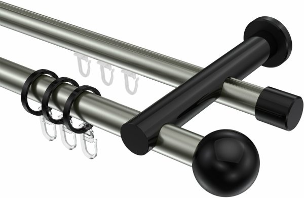 Rundrohr-Innenlauf Gardinenstange Aluminium / Metall 20 mm Ø 2-läufig PLATON - Luino Edelstahl-Optik / Schwarz 100 cm