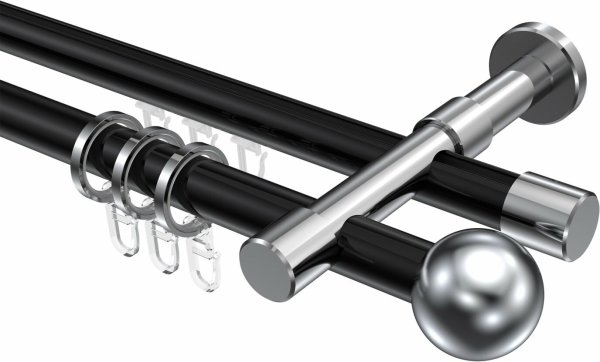 Rundrohr-Innenlauf Gardinenstange Aluminium / Metall 20 mm Ø 2-läufig PRESTIGE - Luino Schwarz / Chrom 100 cm