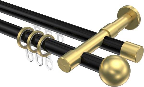 Rundrohr-Innenlauf Gardinenstange Aluminium / Metall 20 mm Ø 2-läufig PRESTIGE - Luino Schwarz / Messing-Optik 100 cm