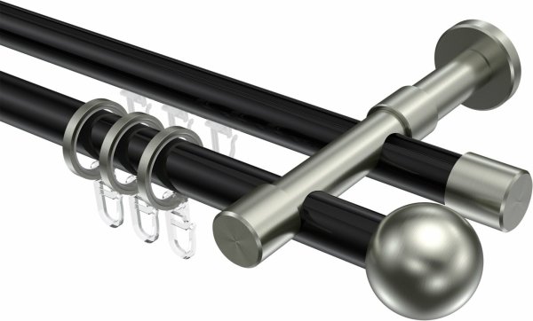 Rundrohr-Innenlauf Gardinenstange Aluminium / Metall 20 mm Ø 2-läufig PRESTIGE - Luino Schwarz / Edelstahl-Optik 100 cm