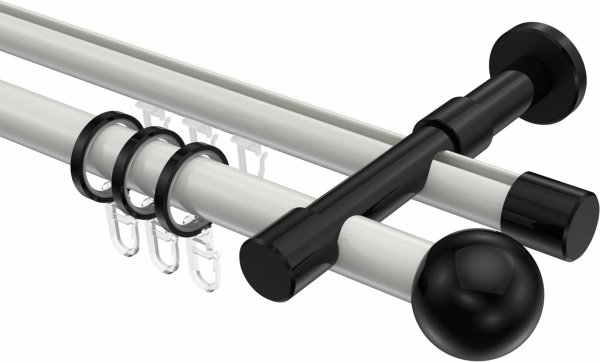 Rundrohr-Innenlauf Gardinenstange Aluminium / Metall 20 mm Ø 2-läufig PRESTIGE - Luino Weiß / Schwarz 100 cm