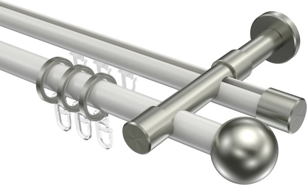 Rundrohr-Innenlauf Gardinenstange Aluminium / Metall 20 mm Ø 2-läufig PRESTIGE - Luino Weiß / Edelstahl-Optik 100 cm