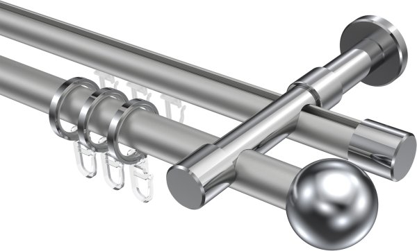 Rundrohr-Innenlauf Gardinenstange Aluminium / Metall 20 mm Ø 2-läufig PRESTIGE - Luino Silbergrau / Chrom 100 cm