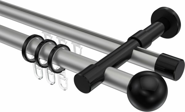 Rundrohr-Innenlauf Gardinenstange Aluminium / Metall 20 mm Ø 2-läufig PRESTIGE - Luino Silbergrau / Schwarz 100 cm