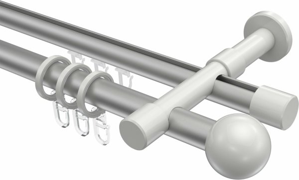 Rundrohr-Innenlauf Gardinenstange Aluminium / Metall 20 mm Ø 2-läufig PRESTIGE - Luino Silbergrau / Weiß 100 cm