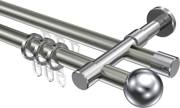 Rundrohr-Innenlauf Gardinenstange Aluminium / Metall 20 mm Ø 2-läufig PRESTIGE - Luino Edelstahl-Optik / Chrom 100 cm
