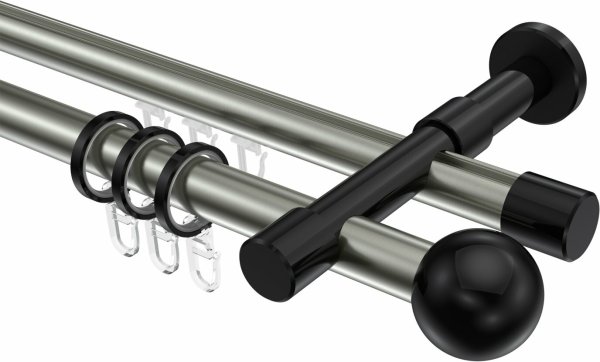 Rundrohr-Innenlauf Gardinenstange Aluminium / Metall 20 mm Ø 2-läufig PRESTIGE - Luino Edelstahl-Optik / Schwarz 100 cm