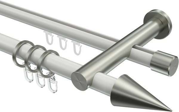 Rundrohr-Innenlauf Gardinenstange Aluminium / Metall 20 mm Ø 2-läufig PLATON - Savio Weiß / Edelstahl-Optik 100 cm
