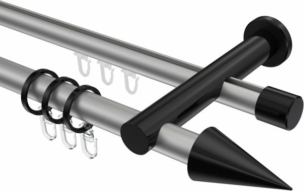 Rundrohr-Innenlauf Gardinenstange Aluminium / Metall 20 mm Ø 2-läufig PLATON - Savio Silbergrau / Schwarz 100 cm
