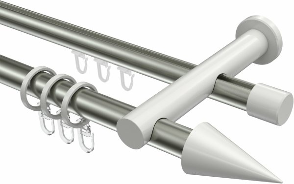 Rundrohr-Innenlauf Gardinenstange Aluminium / Metall 20 mm Ø 2-läufig PLATON - Savio Edelstahl-Optik / Weiß 100 cm