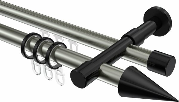 Rundrohr-Innenlauf Gardinenstange Aluminium / Metall 20 mm Ø 2-läufig PRESTIGE - Savio Edelstahl-Optik / Schwarz 100 cm