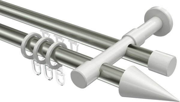 Rundrohr-Innenlauf Gardinenstange Aluminium / Metall 20 mm Ø 2-läufig PRESTIGE - Savio Edelstahl-Optik / Weiß 100 cm