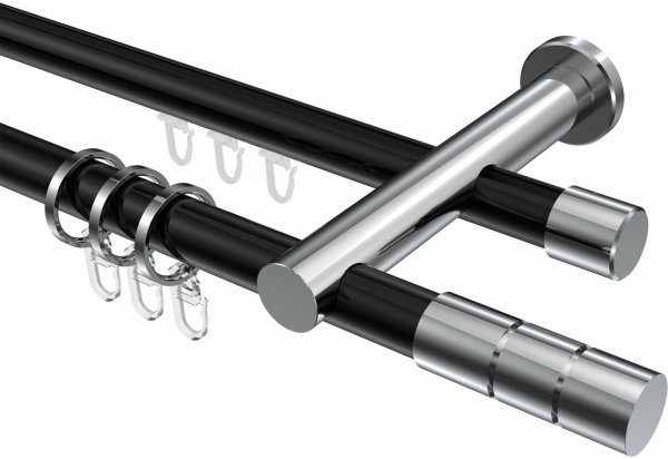 Rundrohr-Innenlauf Gardinenstange Aluminium / Metall 20 mm Ø 2-läufig PLATON - Elanto Schwarz / Chrom 100 cm