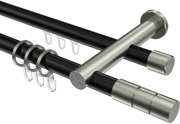 Rundrohr-Innenlauf Gardinenstange Aluminium / Metall 20 mm Ø 2-läufig PLATON - Elanto Schwarz / Edelstahl-Optik 100 cm