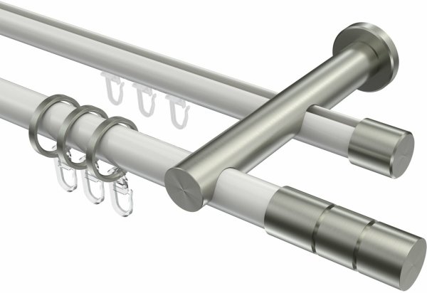 Rundrohr-Innenlauf Gardinenstange Aluminium / Metall 20 mm Ø 2-läufig PLATON - Elanto Weiß / Edelstahl-Optik 100 cm