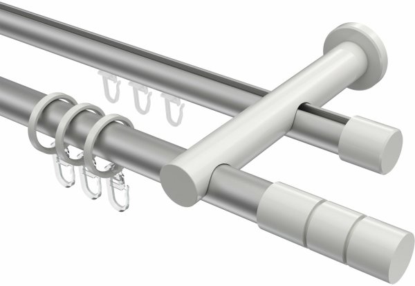 Rundrohr-Innenlauf Gardinenstange Aluminium / Metall 20 mm Ø 2-läufig PLATON - Elanto Silbergrau / Weiß 100 cm