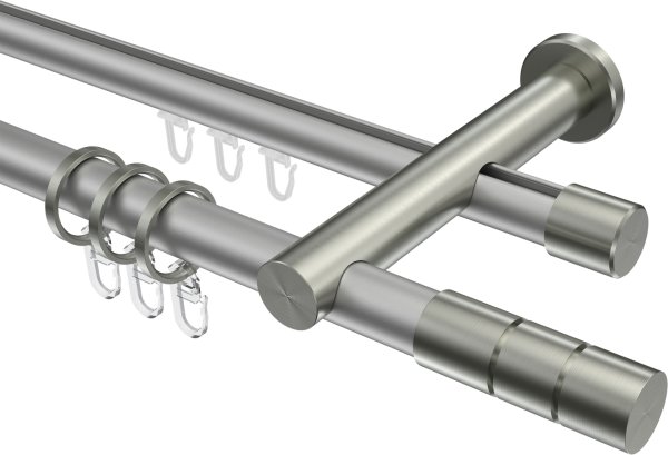 Rundrohr-Innenlauf Gardinenstange Aluminium / Metall 20 mm Ø 2-läufig PLATON - Elanto Silbergrau / Edelstahl-Optik 100 cm
