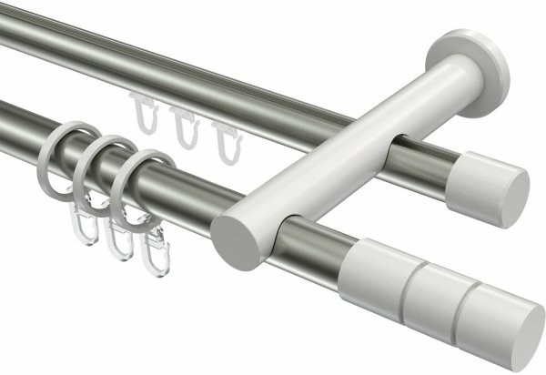 Rundrohr-Innenlauf Gardinenstange Aluminium / Metall 20 mm Ø 2-läufig PLATON - Elanto Edelstahl-Optik / Weiß 100 cm