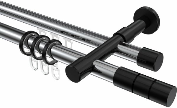Rundrohr-Innenlauf Gardinenstange Aluminium / Metall 20 mm Ø 2-läufig PRESTIGE - Elanto Chrom / Schwarz 100 cm
