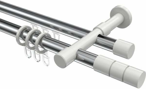 Rundrohr-Innenlauf Gardinenstange Aluminium / Metall 20 mm Ø 2-läufig PRESTIGE - Elanto Chrom / Weiß 100 cm
