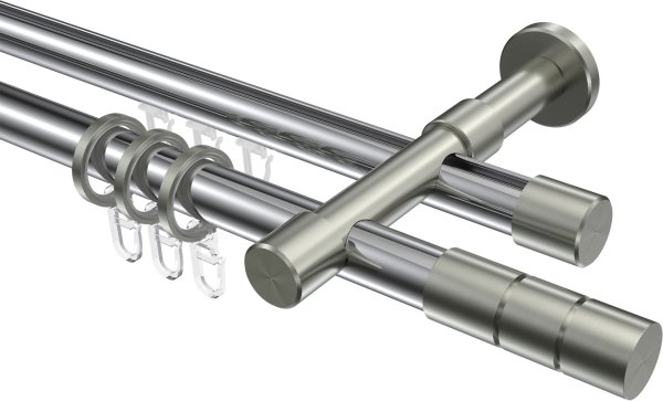 Rundrohr-Innenlauf Gardinenstange Aluminium / Metall 20 mm Ø 2-läufig PRESTIGE - Elanto Chrom / Edelstahl-Optik 100 cm