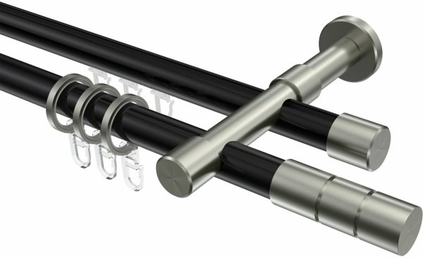 Rundrohr-Innenlauf Gardinenstange Aluminium / Metall 20 mm Ø 2-läufig PRESTIGE - Elanto Schwarz / Edelstahl-Optik 360 cm (2 x 180 cm)