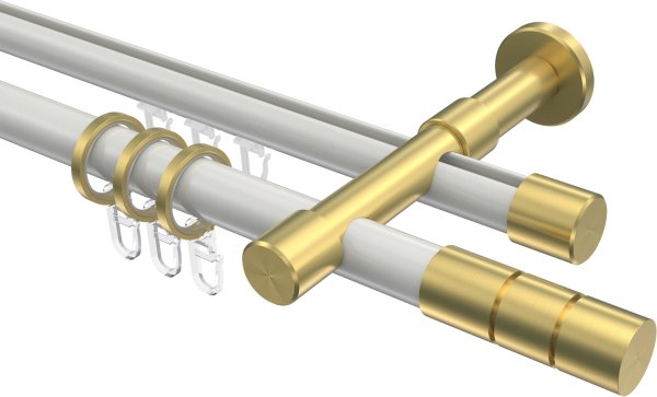 Rundrohr-Innenlauf Gardinenstange Aluminium / Metall 20 mm Ø 2-läufig PRESTIGE - Elanto Weiß / Messing-Optik 100 cm