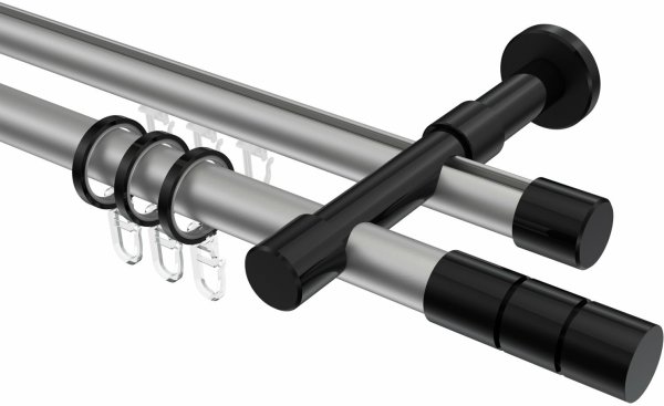 Rundrohr-Innenlauf Gardinenstange Aluminium / Metall 20 mm Ø 2-läufig PRESTIGE - Elanto Silbergrau / Schwarz 200 cm