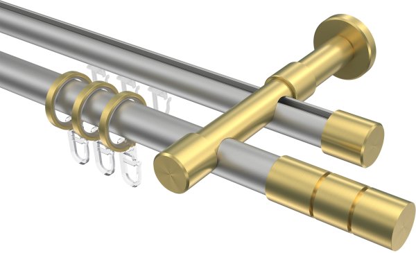 Rundrohr-Innenlauf Gardinenstange Aluminium / Metall 20 mm Ø 2-läufig PRESTIGE - Elanto Silbergrau / Messing-Optik 100 cm