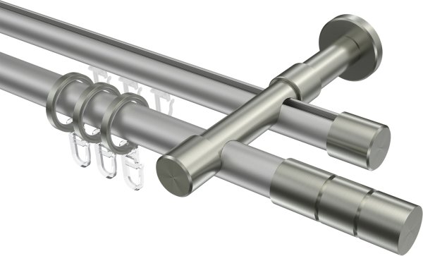 Rundrohr-Innenlauf Gardinenstange Aluminium / Metall 20 mm Ø 2-läufig PRESTIGE - Elanto Silbergrau / Edelstahl-Optik 100 cm