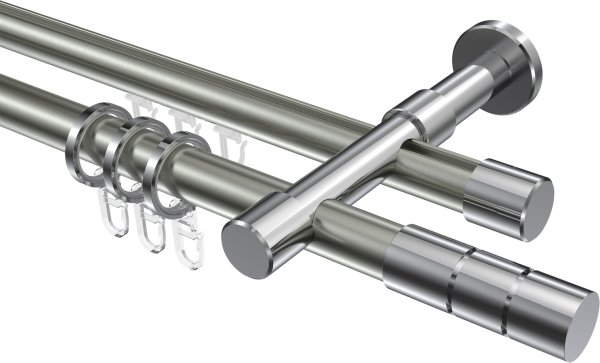 Rundrohr-Innenlauf Gardinenstange Aluminium / Metall 20 mm Ø 2-läufig PRESTIGE - Elanto Edelstahl-Optik / Chrom 100 cm