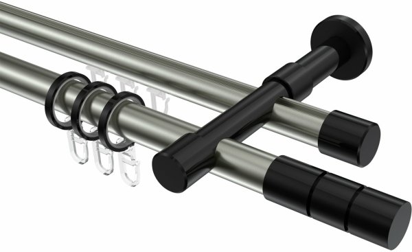 Rundrohr-Innenlauf Gardinenstange Aluminium / Metall 20 mm Ø 2-läufig PRESTIGE - Elanto Edelstahl-Optik / Schwarz 100 cm