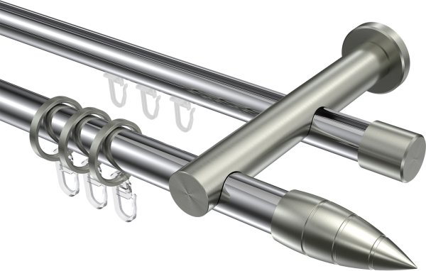 Rundrohr-Innenlauf Gardinenstange Aluminium / Metall 20 mm Ø 2-läufig PLATON - Samanto Chrom / Edelstahl-Optik 100 cm