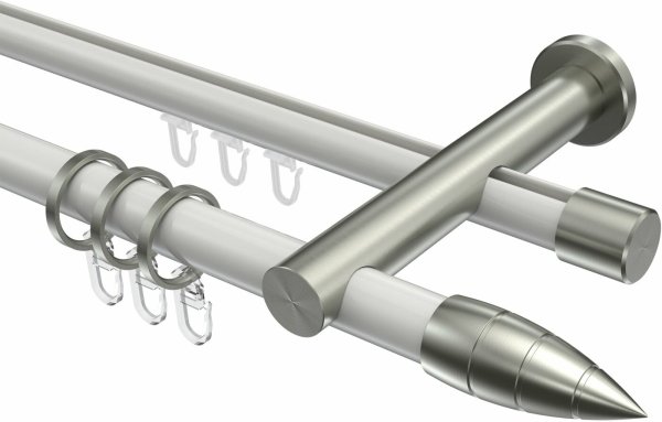 Rundrohr-Innenlauf Gardinenstange Aluminium / Metall 20 mm Ø 2-läufig PLATON - Samanto Weiß / Edelstahl-Optik 100 cm