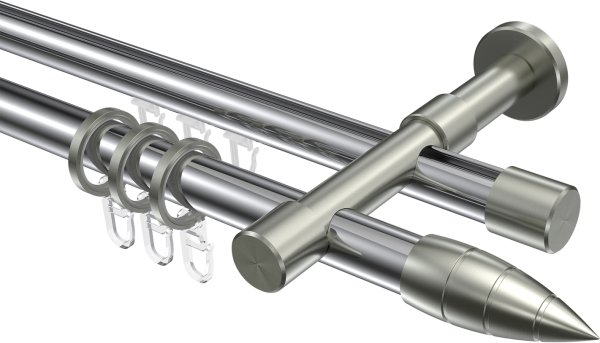 Rundrohr-Innenlauf Gardinenstange Aluminium / Metall 20 mm Ø 2-läufig PRESTIGE - Samanto Chrom / Edelstahl-Optik 100 cm