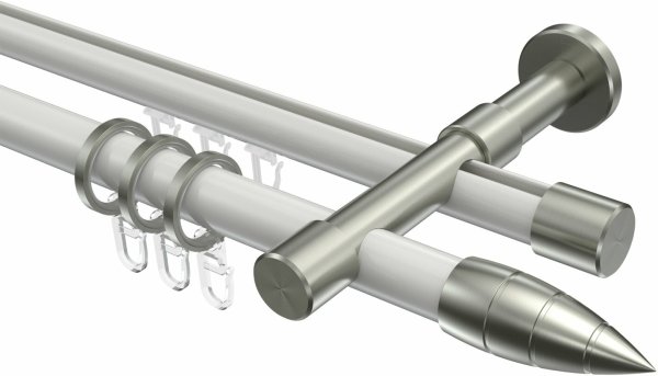 Rundrohr-Innenlauf Gardinenstange Aluminium / Metall 20 mm Ø 2-läufig PRESTIGE - Samanto Weiß / Edelstahl-Optik 100 cm