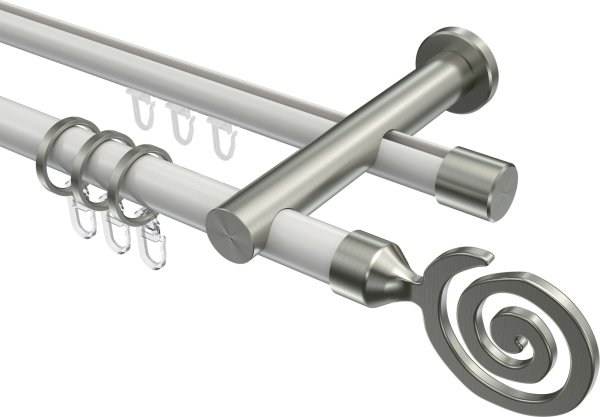 Rundrohr-Innenlauf Gardinenstange Aluminium / Metall 20 mm Ø 2-läufig PLATON - Galaxa Weiß / Edelstahl-Optik 100 cm